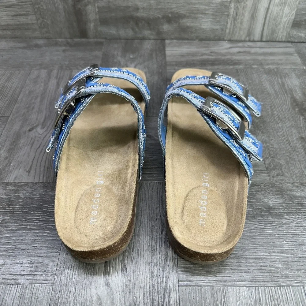 Madden Girl Sandals Women Size 7 Blue Boho Embroidered Sequin Cork Slides NEW